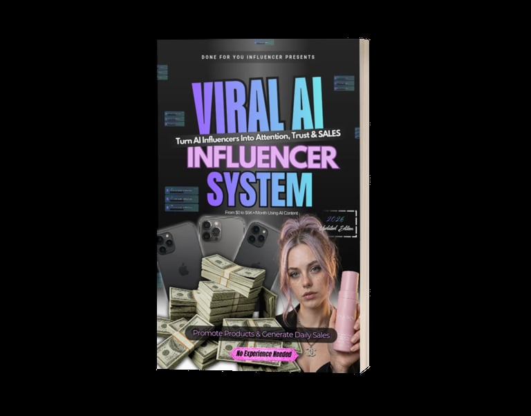 Book cover for Viral AI Influencer System featuring a woman, smartphones, cash, and neon purple and blue text on dark background
