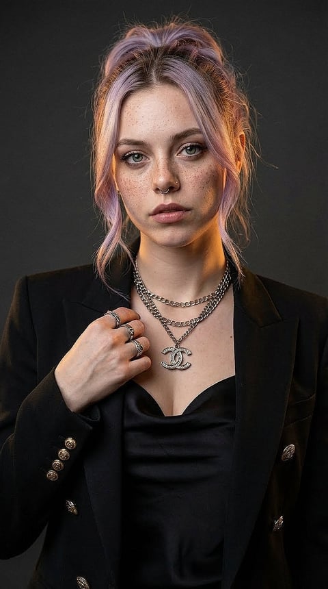 Woman with lavender-tinted hair wearing a black blazer, silver chain necklace, and rings against a dark background