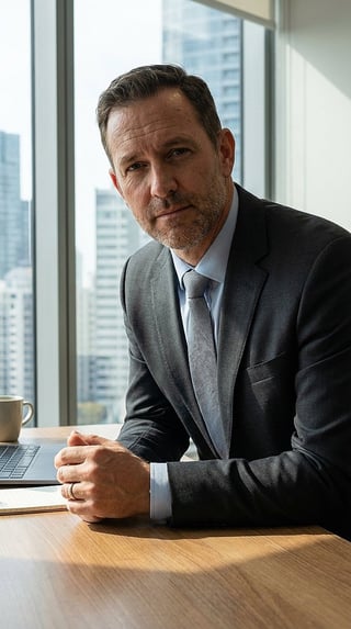 Professional man in business suit sitting at desk in high-rise office with city skyline visible through windows behind him