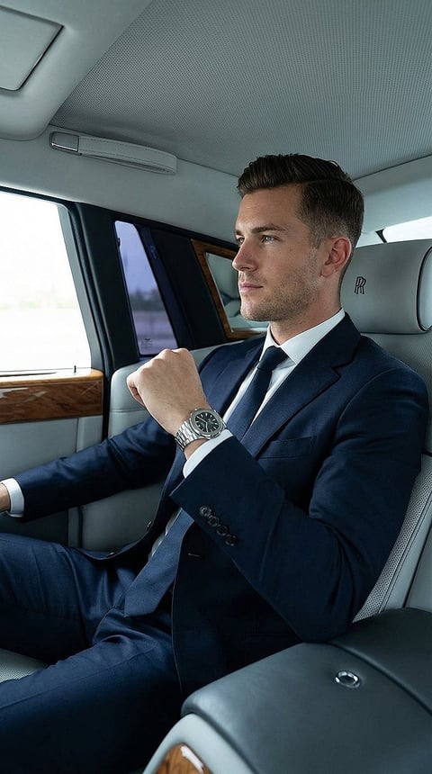 Man in navy business suit with watch sitting in car back seat, looking out window