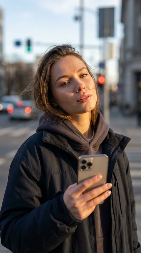 Woman in dark jacket holding smartphone, standing outdoors on urban street during golden hour